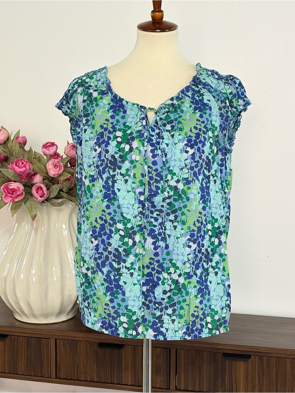 OLD NAVY | Women's Blue & Green Floral Cap-Sleeve Blouse